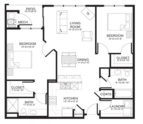 Floor plan for 2 beds, 2 baths, 1052 sqft